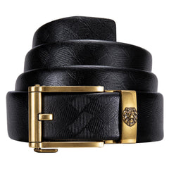 Men's Leather Ratchet Belt For With Dress Pant Golden Lion Metal Buckle 1 3/8",Trim to Fit