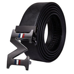 Men's Ratchet Leather Belt 1 3/8" Adjustable For Dress Business With M Letter Metal Buckle