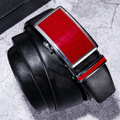 Men's Leather Ratchet Adjustable Belt 1 3/8" Red Plaid Metal Buckle For Dress Casual