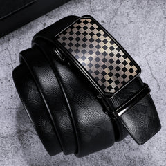 Leather Ratchet Belt 1 3/8" Adjustable For Men Black Plaid Metal Buckle Fit Dress Casual