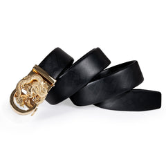 Men's Leather Slide Ratchet Adjustable Belt For Gift With Golden Dragon Metal Buckle