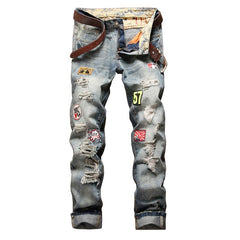 Slim straight-leg badge distressed jeans