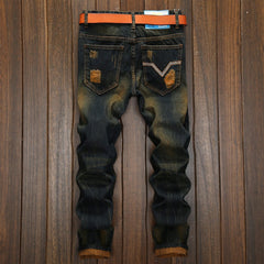 Personalized distressed straight-leg ripped jeans