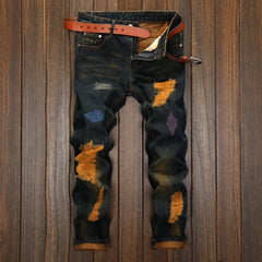 Personalized distressed straight-leg ripped jeans