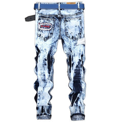 Embroidered ripped patch colorblock jeans