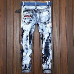 Embroidered ripped patch colorblock jeans
