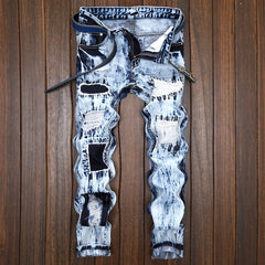 Embroidered ripped patch colorblock jeans