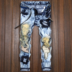 Men's ink-splashed ripped colorblock jeans