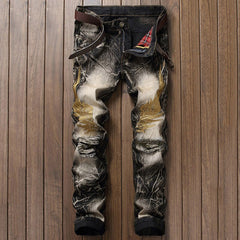 Embroidered wings ripped jeans