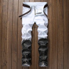 Men's ripped zipper colorblock jeans