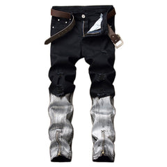 Men's ripped zipper colorblock jeans