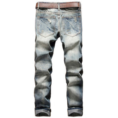 Slim straight-leg badge distressed jeans