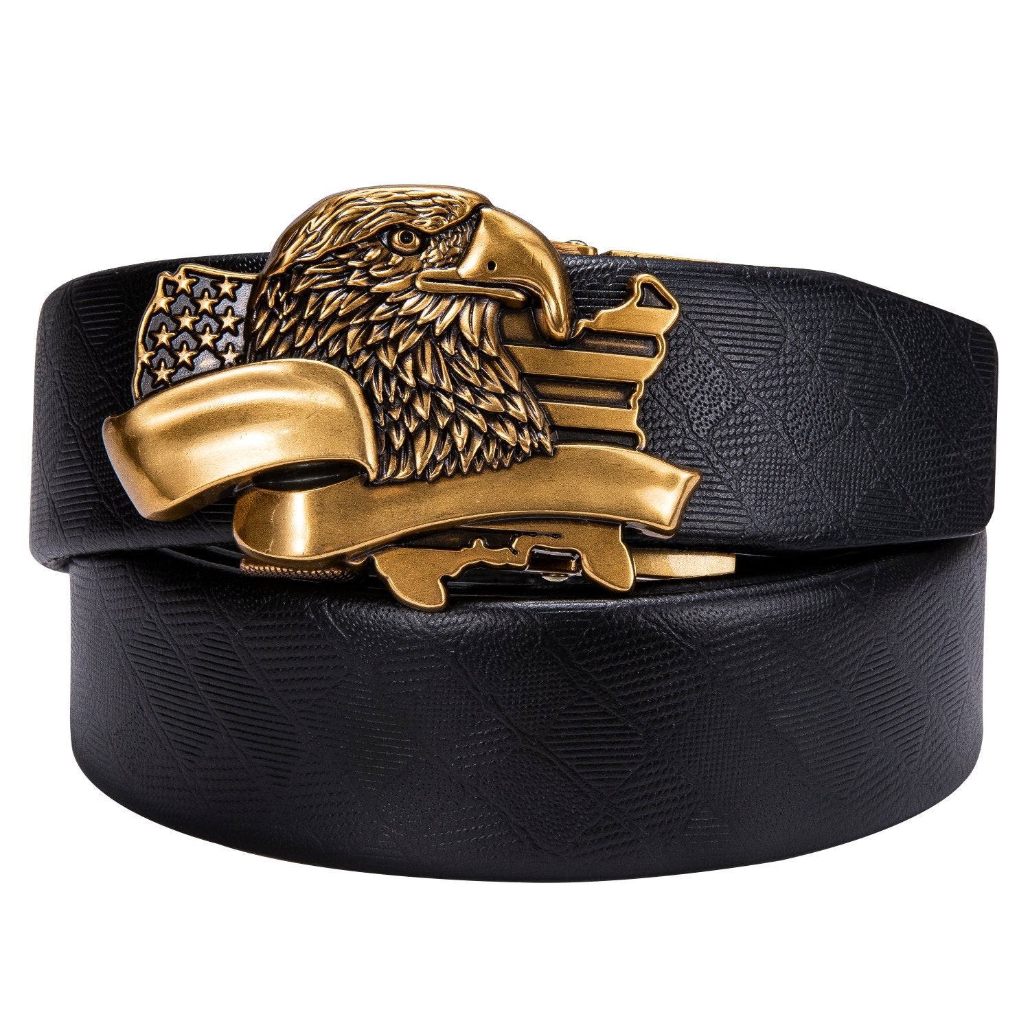 Men's Genuine Leather Ratchet Belt Golden Eagle Metal Buckle 1 3/8" For Business Casual Jeans