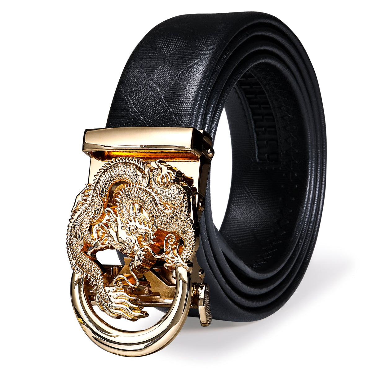 Men's Leather Slide Ratchet Adjustable Belt For Gift With Golden Dragon Metal Buckle