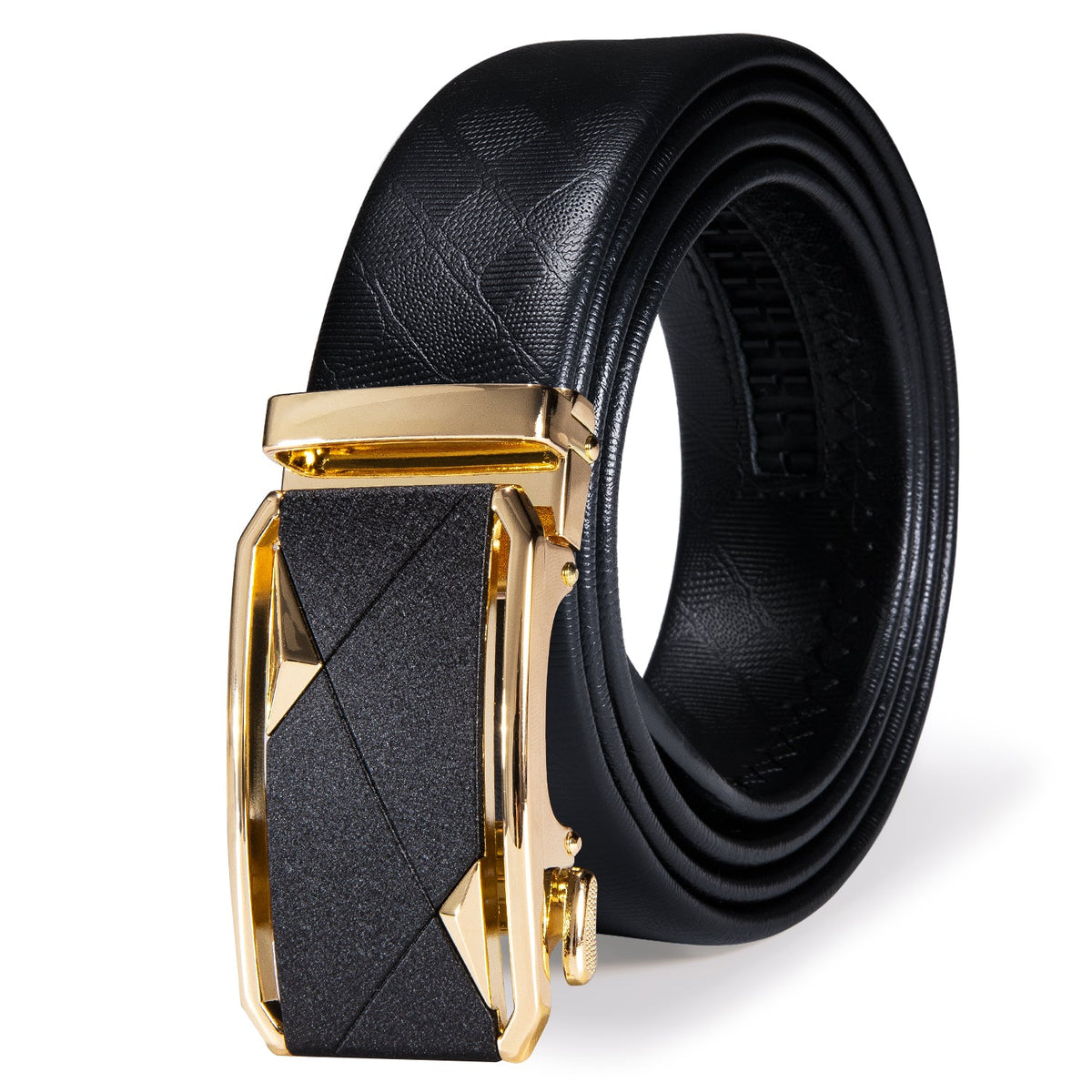 Men's 1 3/8" Leather Ratchet Belt Golden Black Metal Buckle For Business Casual Jeans