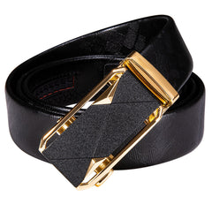 Men's 1 3/8" Leather Ratchet Belt Golden Black Metal Buckle For Business Casual Jeans