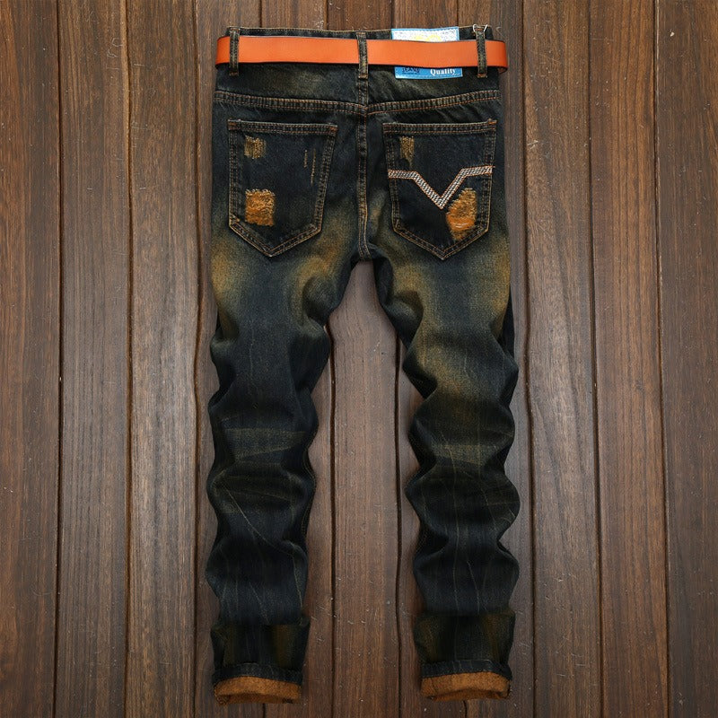 Personalized distressed straight-leg ripped jeans
