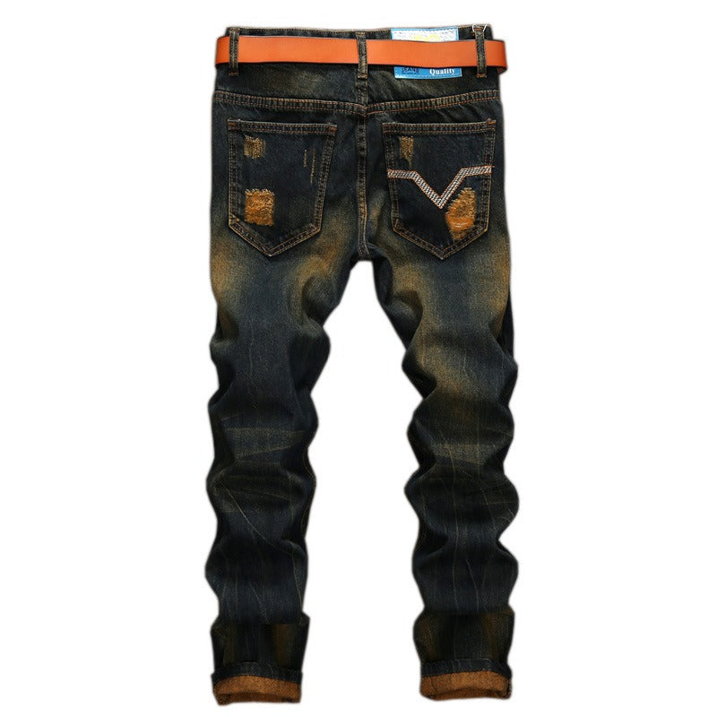 Personalized distressed straight-leg ripped jeans