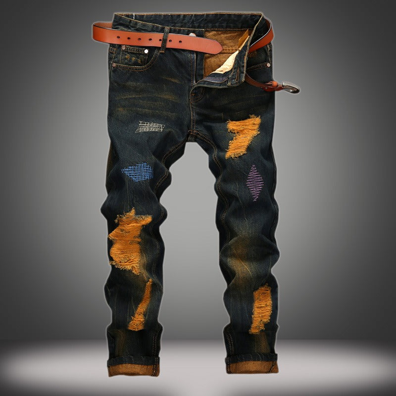 Personalized distressed straight-leg ripped jeans
