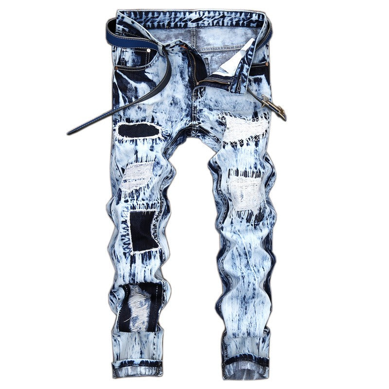 Embroidered ripped patch colorblock jeans