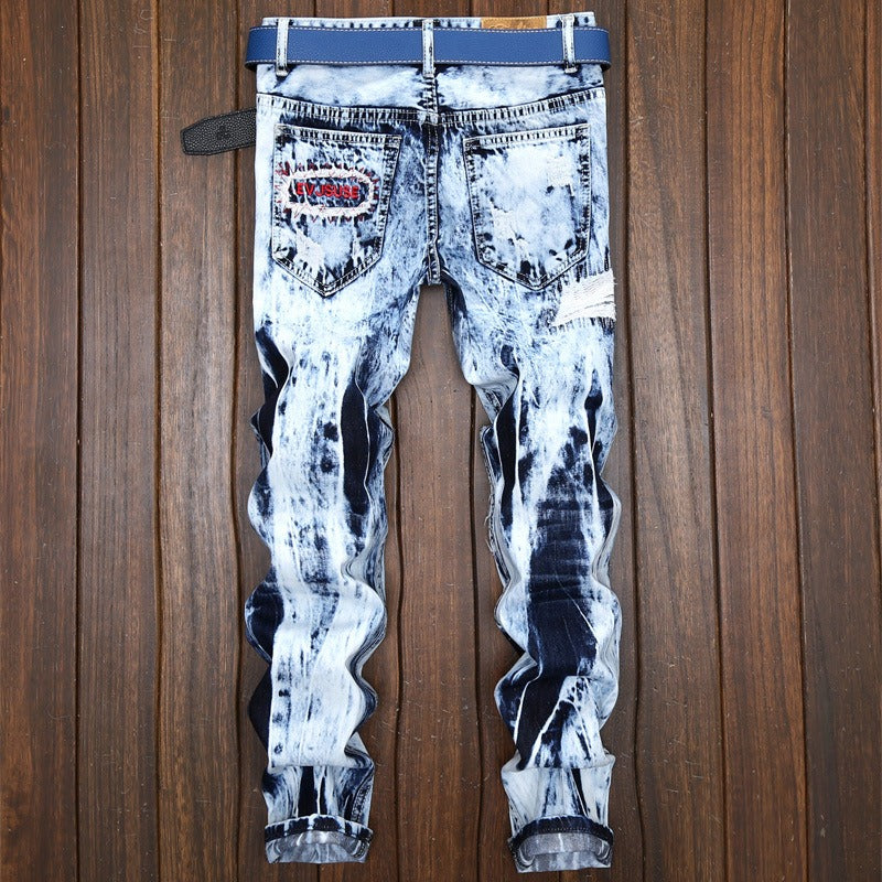 Embroidered ripped patch colorblock jeans