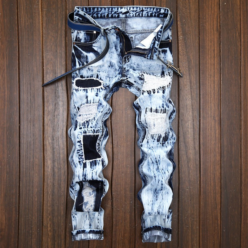 Embroidered ripped patch colorblock jeans