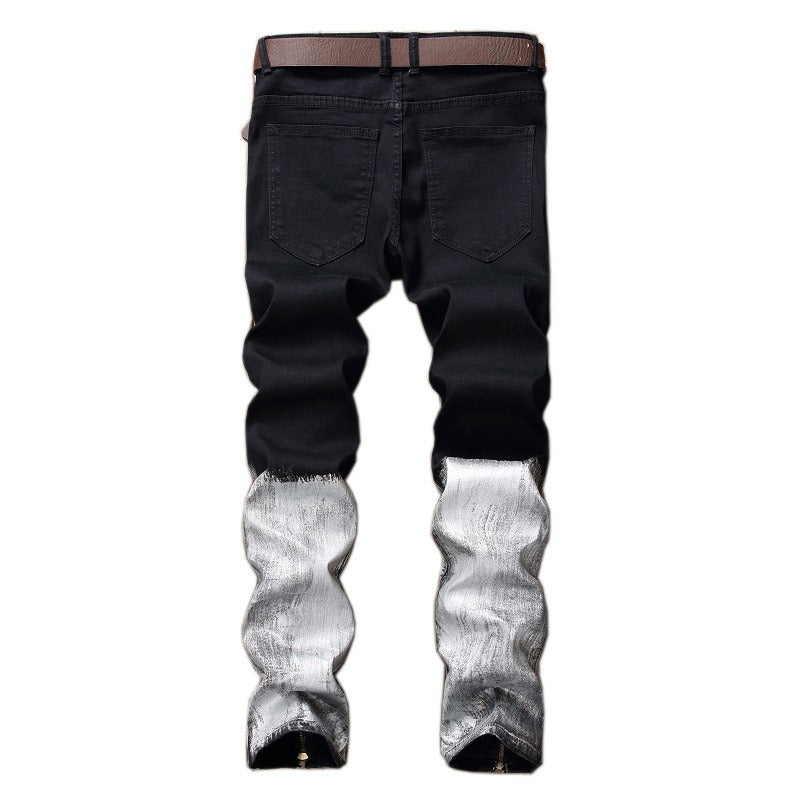 Men's ripped zipper colorblock jeans