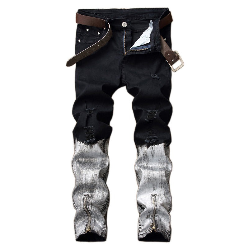 Men's ripped zipper colorblock jeans