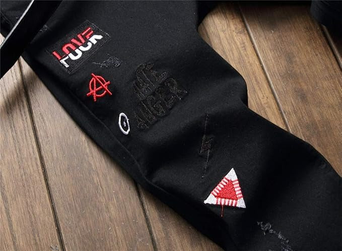 Men's Personality Printed embroidery Black Jeans
