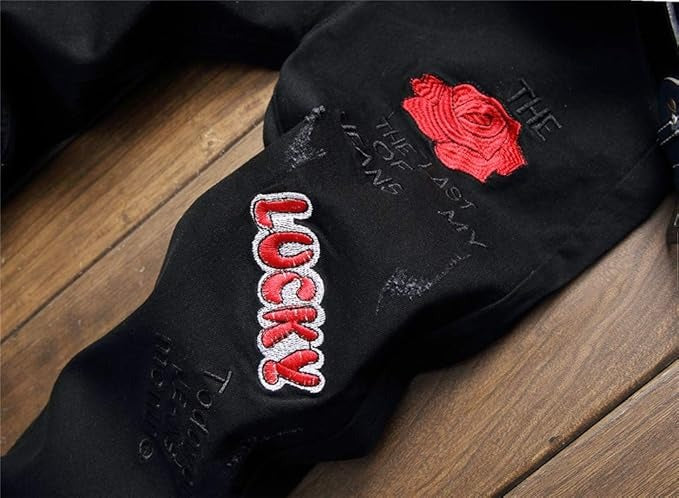 Men's Personality Printed embroidery Black Jeans