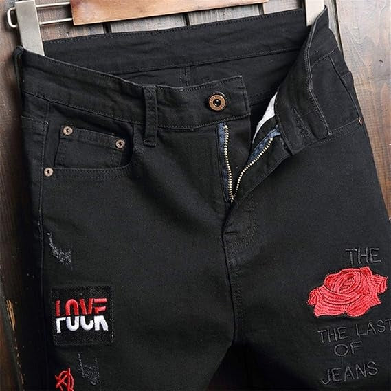 Men's Personality Printed embroidery Black Jeans
