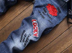 Men's Personality Hole Printed embroidery Jeans