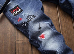 Men's Personality Hole Printed embroidery Jeans