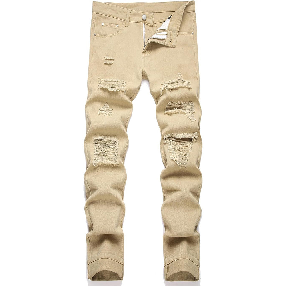 Men's Personality Ripped Khaki Jeans