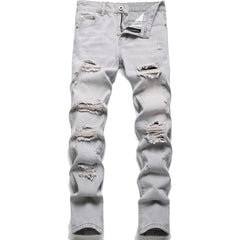 Men's Personality Ripped Fit Light Gray Jeans