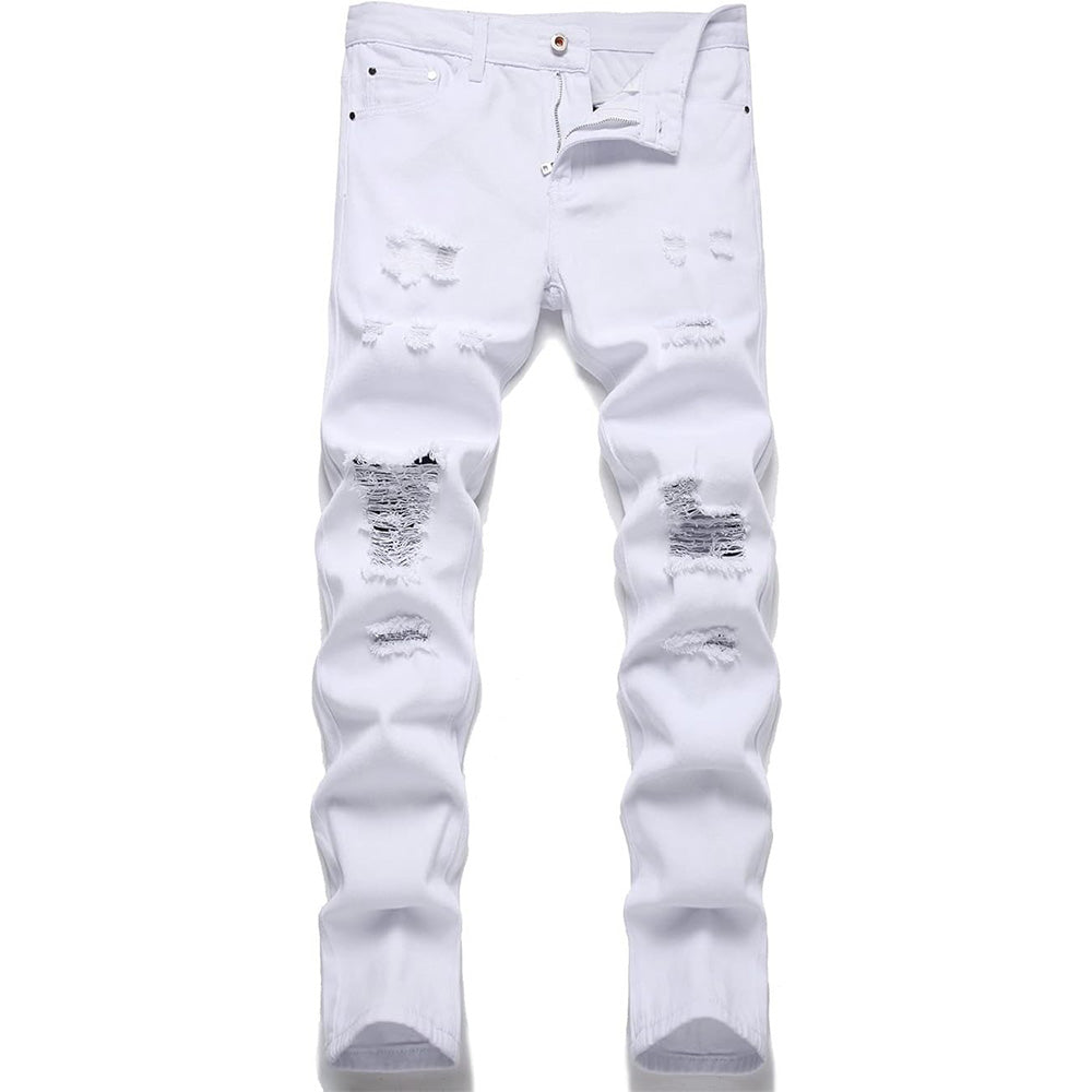 Men's Personality Hole Fit White Jeans