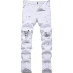 Men's Personality Hole Fit White Jeans