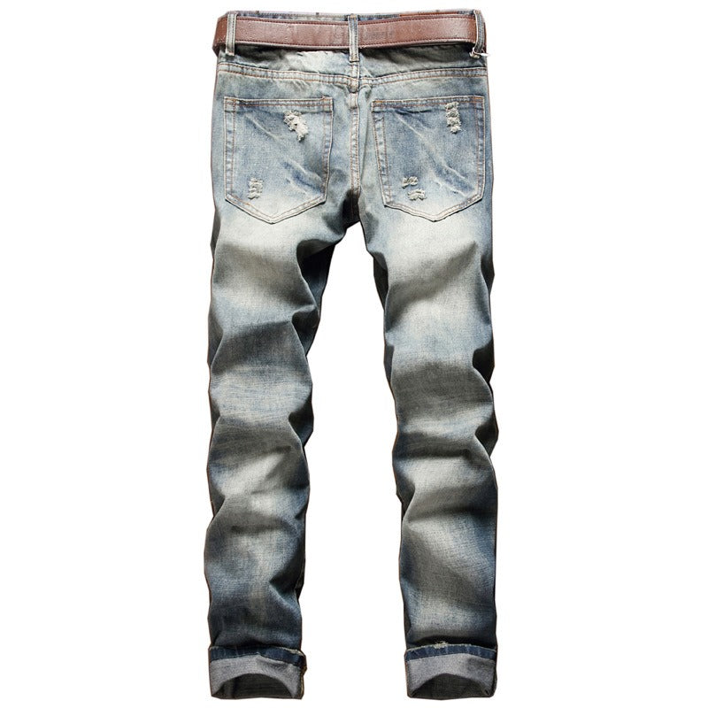 Slim straight-leg badge distressed jeans