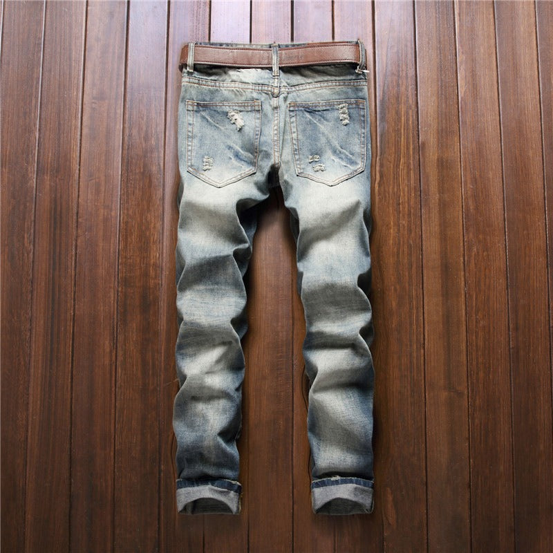 Slim straight-leg badge distressed jeans