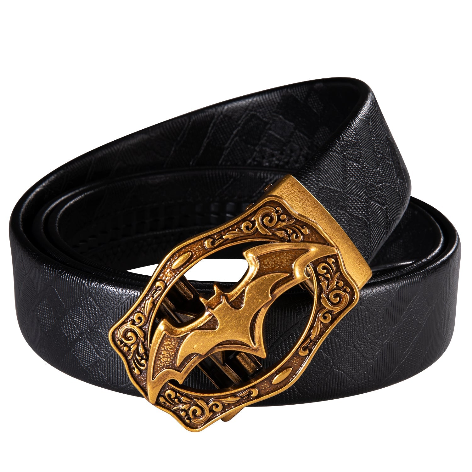 Men's Ratchet Leather 1 3/8" Belt Golden Bat Metal Slide Buckle For Golf Casual Jeans