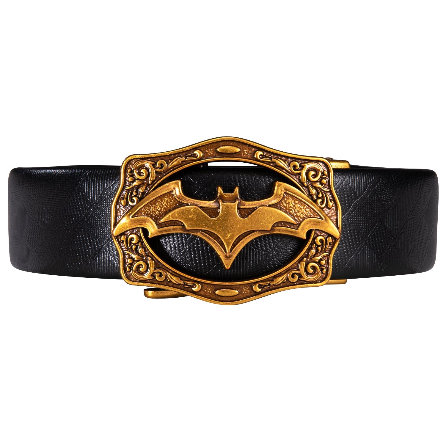Men's Ratchet Leather 1 3/8" Belt Golden Bat Metal Slide Buckle For Golf Casual Jeans