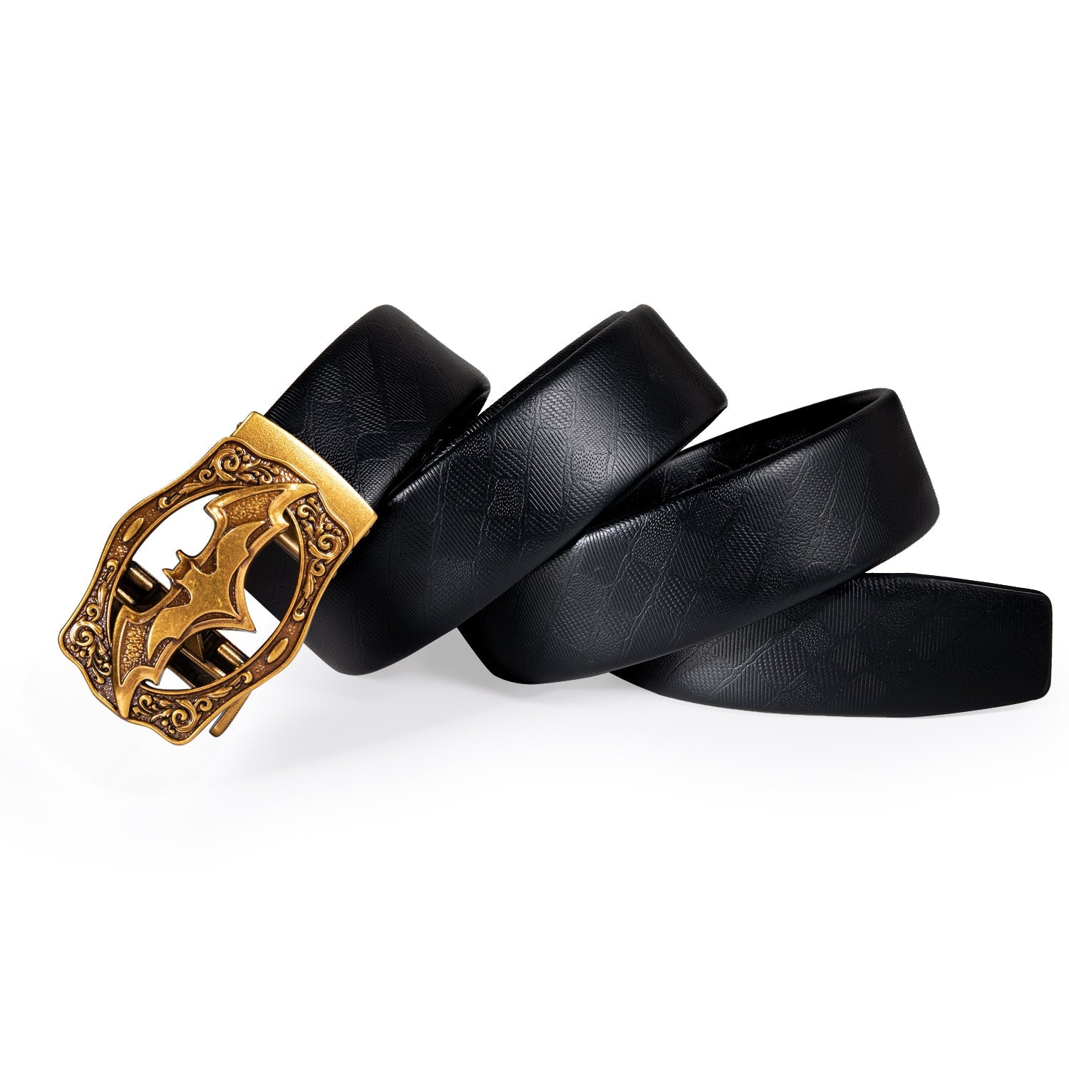 Men's Ratchet Leather 1 3/8" Belt Golden Bat Metal Slide Buckle For Golf Casual Jeans