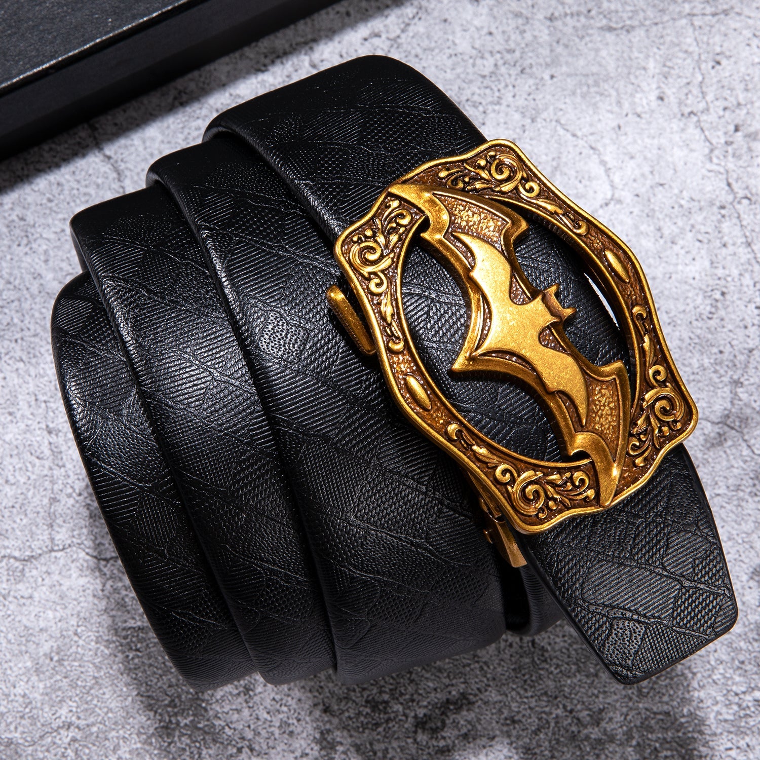 Men's Ratchet Leather 1 3/8" Belt Golden Bat Metal Slide Buckle For Golf Casual Jeans